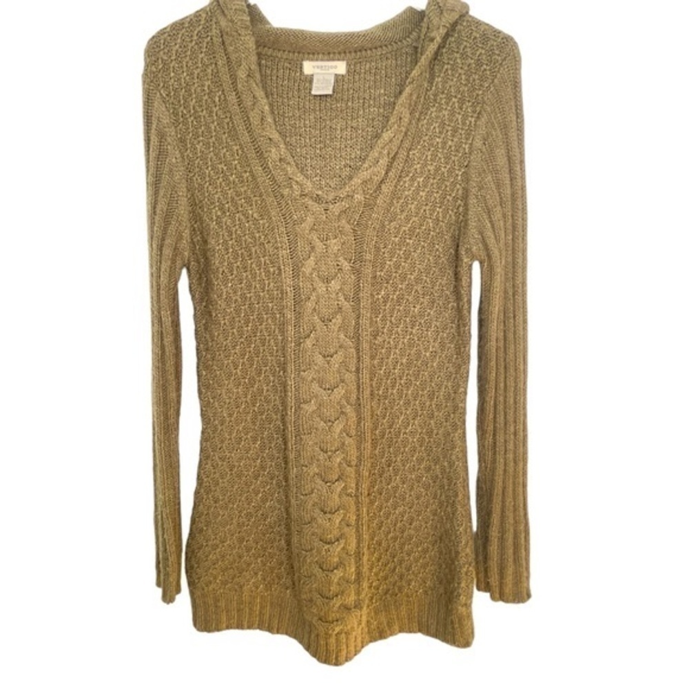 Vertico Taupe/Brown Hooded Cable Knit Sweater VNeck Ribbed Cuffs/Hem Size L - Picture 2 of 12